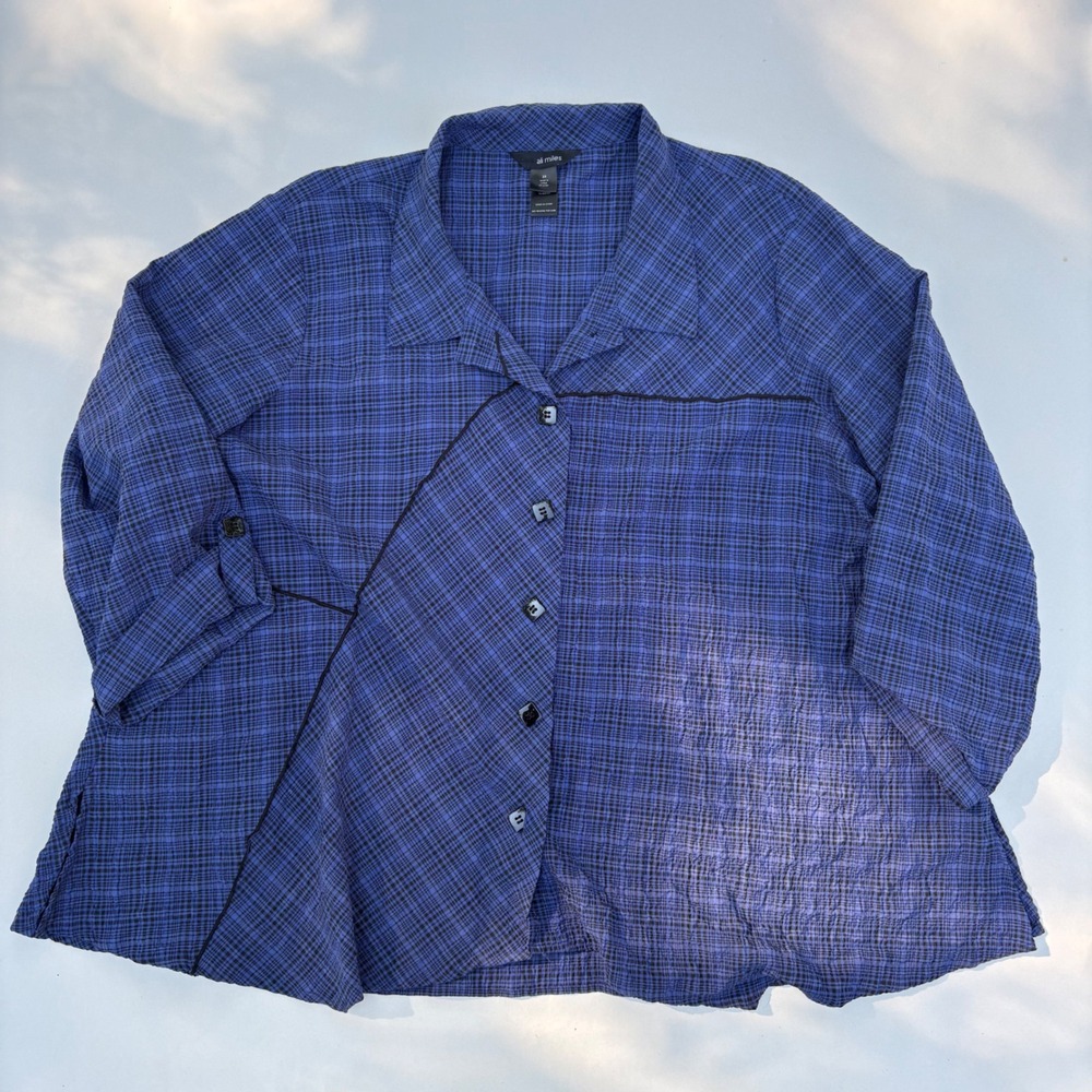 Ali Miles Plus Size 3X Blue Plaid Button Down Blouse Asymmetrical Textured Top